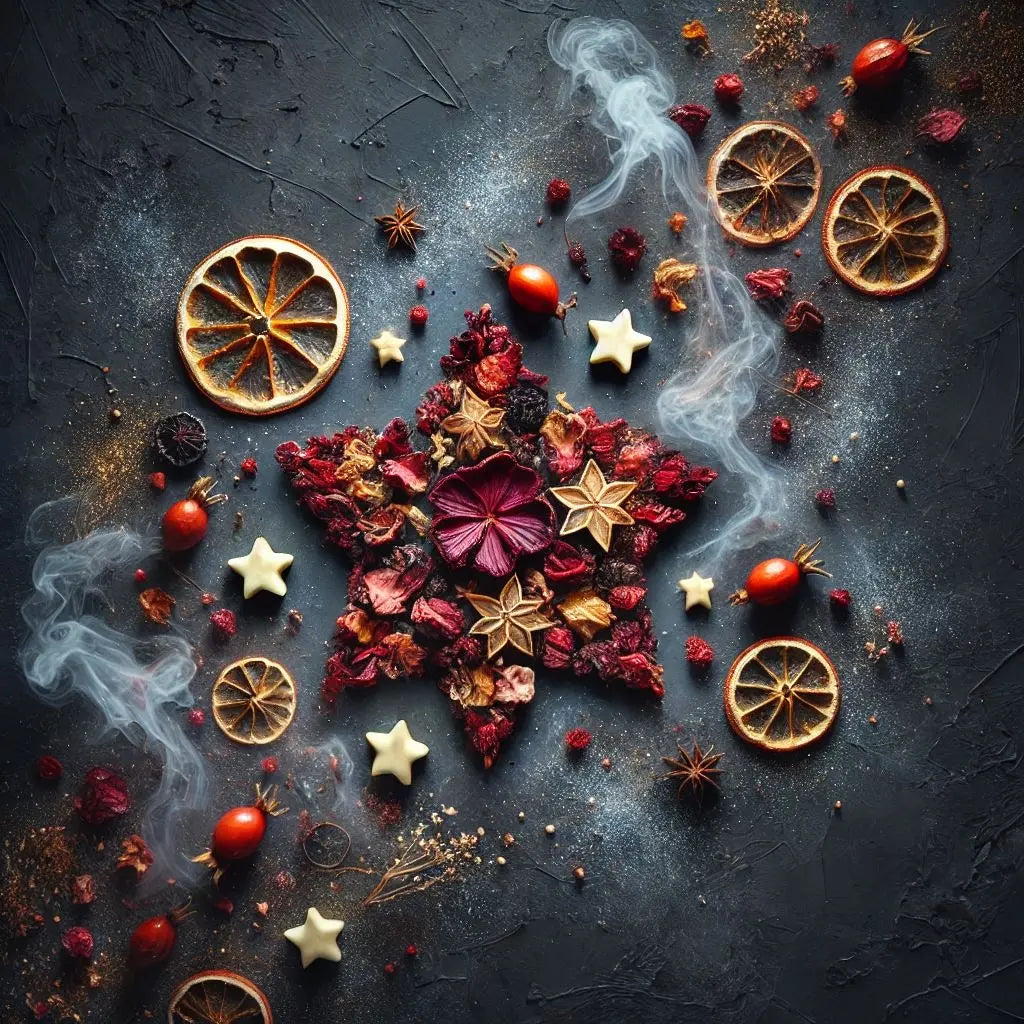 Composition artistique d'ingrédients en forme d'étoile avec fleurs d'hibiscus, fruits rouges et agrumes séchés, poudre dorée et vapeur mystique sur fond sombre