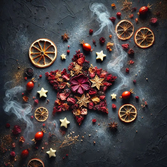 Composition artistique d'ingrédients en forme d'étoile avec fleurs d'hibiscus, fruits rouges et agrumes séchés, poudre dorée et vapeur mystique sur fond sombre