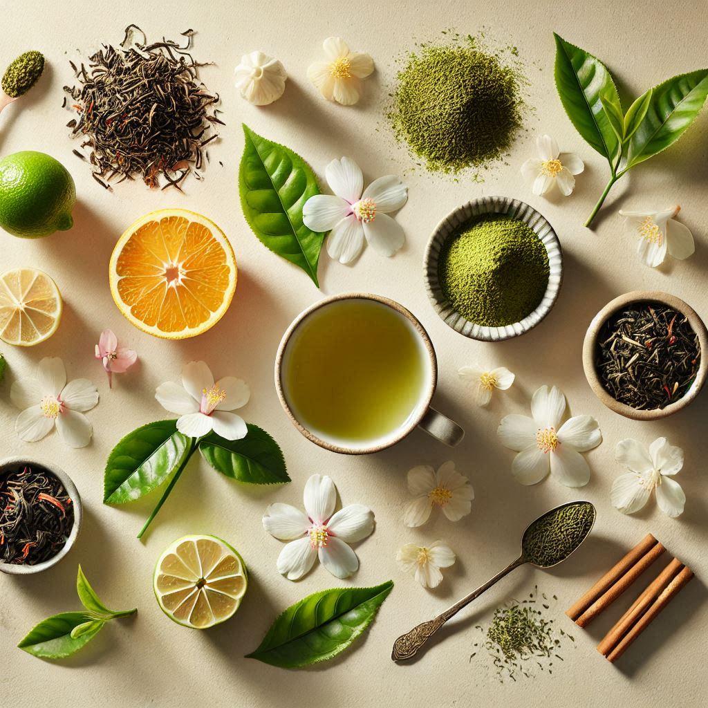 Assortiment d'ingrédients liés au thé matcha, incluant des feuilles de thé, de la poudre de matcha, des citrons, des fleurs blanches et des bâtons de cannelle