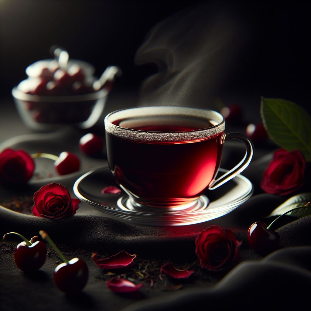 Thé noir Cerise Velours dans une tasse en porcelaine, entouré de cerises fraîches et de roses rouges, ambiance luxueuse et délicat