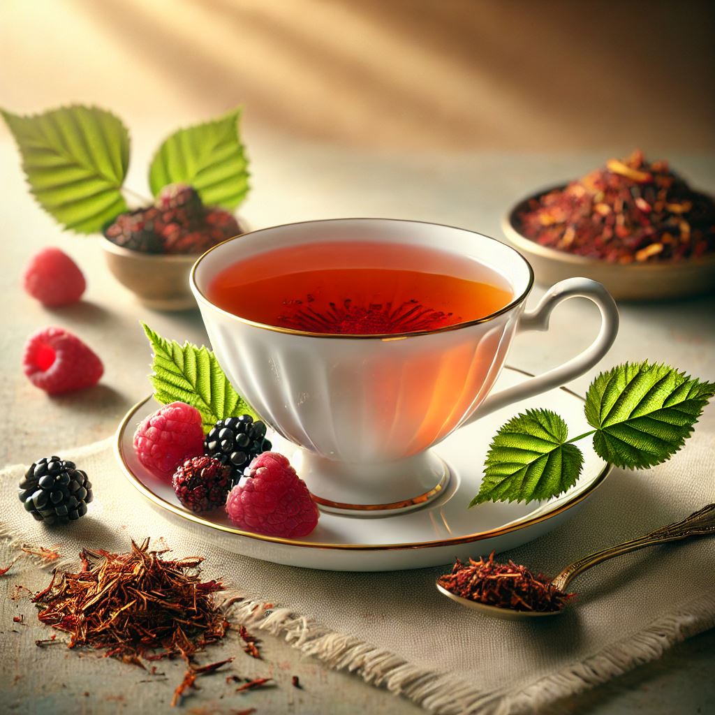  "Rooibos aux fruits des bois Divine Récolte servi dans une tasse élégante"