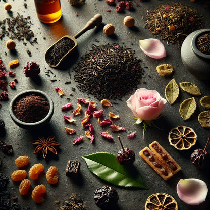 Composition artisanale des ingrédients du thé Cerise Velours : thé noir de Ceylan et d'Assam, pétales de roses, cerises séchées et caroube sur fond sombre