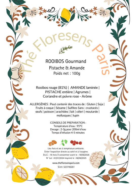 Etiquette détaillée de la composition du Rooibos Gourmand Pistache & Amande Théfloresensparis