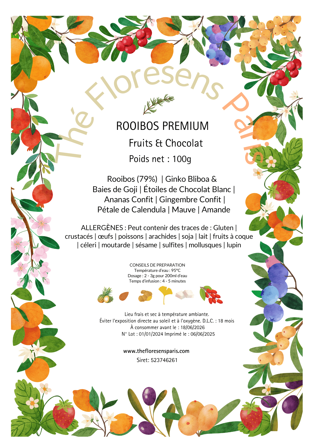 Etiquette détaillée de la composition Rooibos Premium Fruits Exotiques & Chocolat Blanc - Thefloresensparis