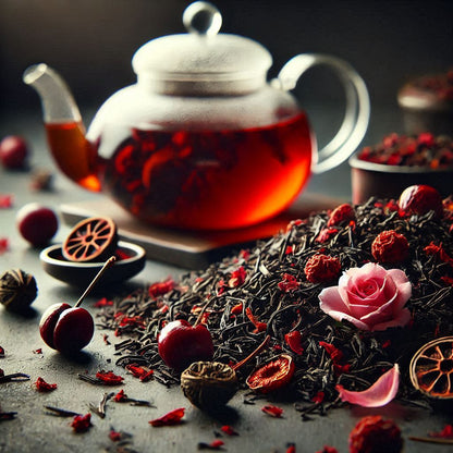 Thé rouge Pu Erh aux cerises japonaises avec pétales de rose, infusion rouge rubis dans théière en verre