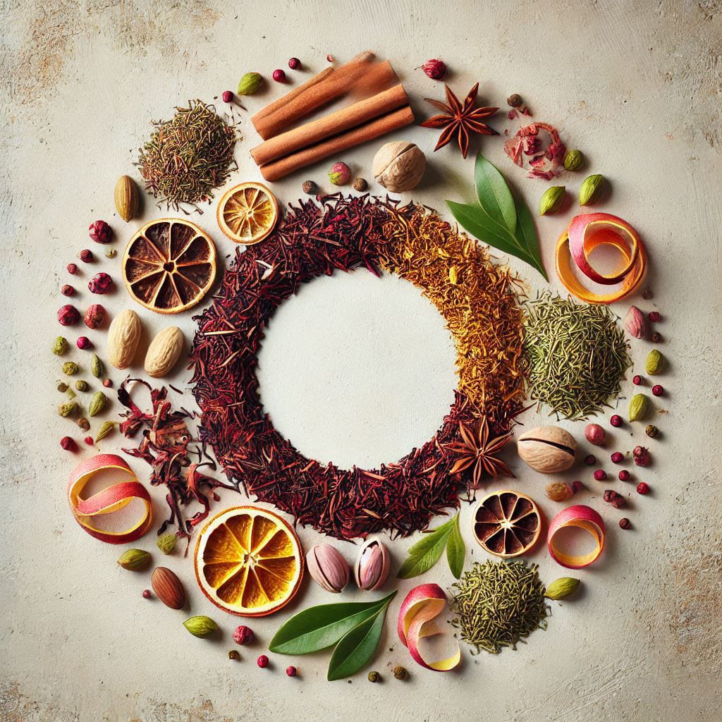 "La Couronne d'Épices" Vue artistique de notre mélange premium où le rooibos rouge s'entoure d'amandes, de pistaches et d'écorces d'orange séchées, formant une élégante couronne d'ingrédients naturels.