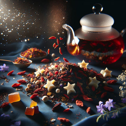 "Mélange de rooibos parsemé d'étoiles de chocolat blanc et de baies de goji, avec une théière d'infusion cuivrée sur fond étoilé"