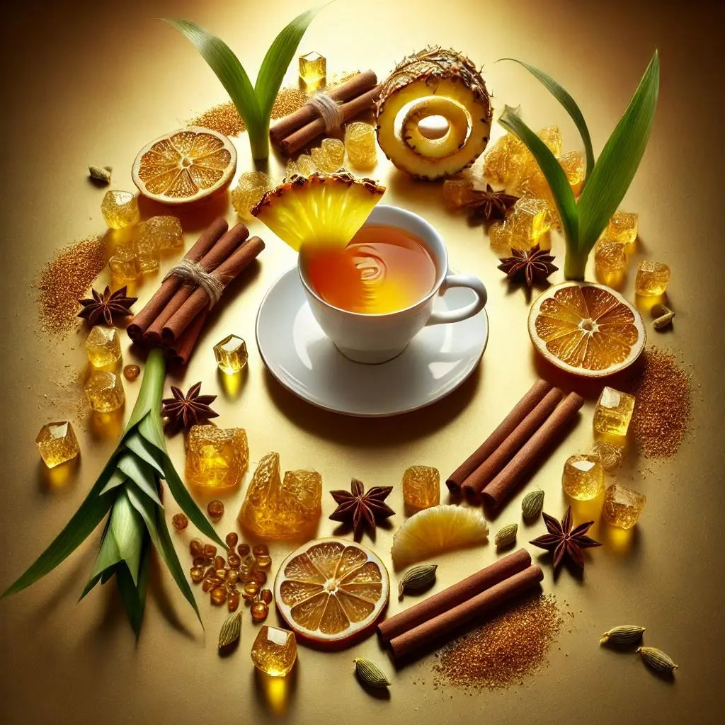 Composition circulaire luxueuse d'une tasse d'infusion entourée d'ingrédients exotiques : tranches d'ananas cristallisé, oranges, bâtons de cannelle, anis étoilé et cristaux de sucre dorés sur fond ambré lumineux"